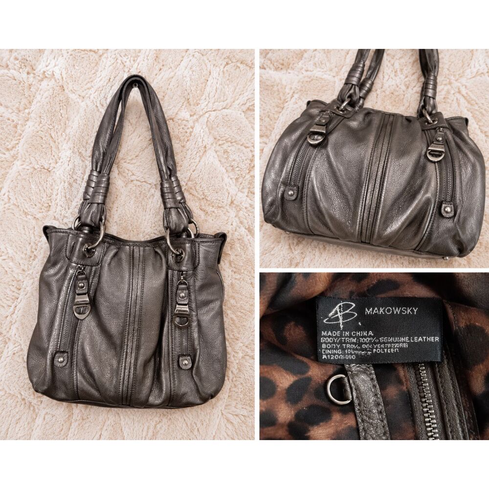 B. Makowsky Womens Metallic Leather Shoulder Hobo Bag Gunmetal Gray